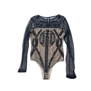 Black and Cream Sheer Lace Bodysuit By WILLOW AND CREEK Size Medium
